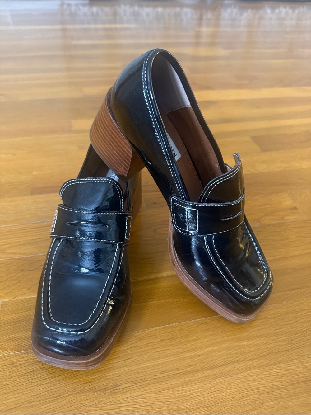 Steve Madden Black Patent Nyomi Penny Loafers with Brown Stacked Heel